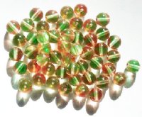50 8mm Transparent Pink & Light Green Round Glass Beads